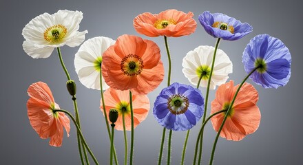 Fototapeta premium Vibrant poppy flowers in bloom against a neutral backdrop