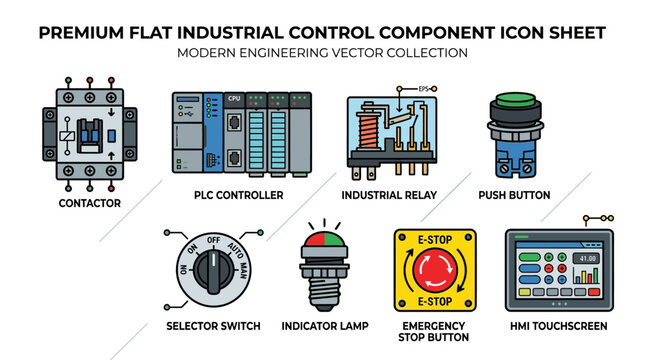 Colorful flat vector icons of industrial components including PLC relays and buttons on a white background. Ideal for engineering documentation technical manuals and UI dashboard design.