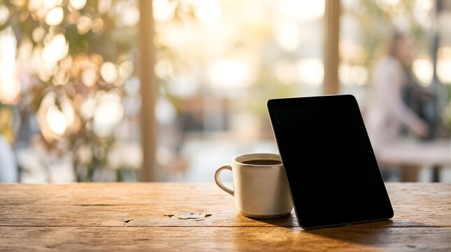 Digital tablet and coffee cup on wooden table in a sunny cafe interior