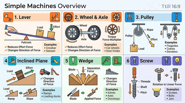 Simple machines educational infographic with physics diagrams