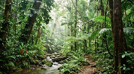 Naklejka premium Lush tropical rainforest with stream and toucan