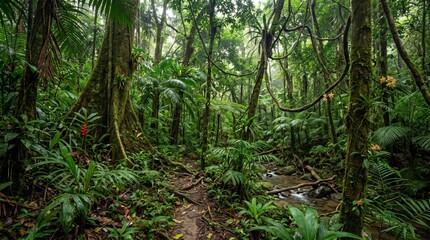 Obraz premium Lush tropical rainforest with stream and exotic plants