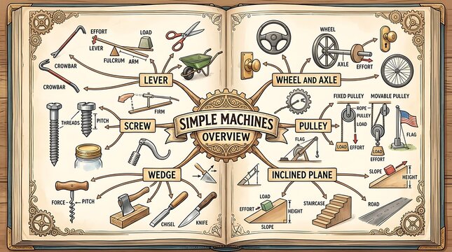 Educational infographic of simple machines in an open vintage book