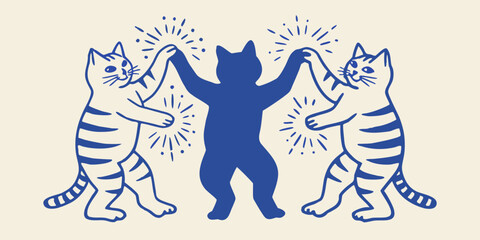 Three Dancing Cats Blue Silhouette And Line Art Illustration © Kopil