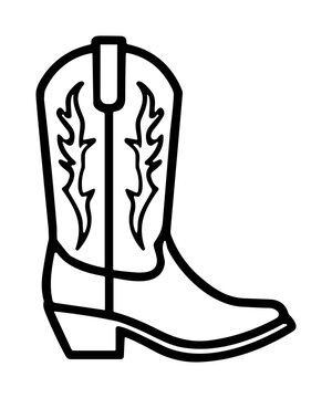 Black and white line art illustration of a cowboy boot with decorative stitching on the shaft