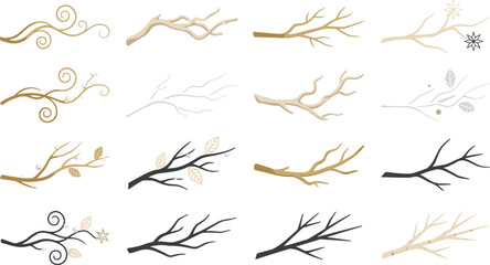 Decorative Bare Tree Branch Vector Collection with Elegant Twigs, Curved Botanical Branches, Winter Woodland Elements, Rustic Nature Clipart, and Floral Design Set