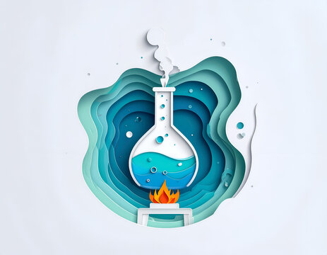 A layered 3D papercraft chemistry laboratory beaker flask boiling with cyan liquid over a burning flame