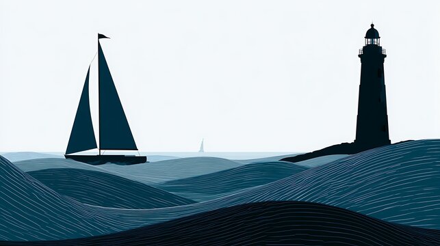 Minimalist sailboat and lighthouse silhouette. Nautical vector illustration of a sea voyage.