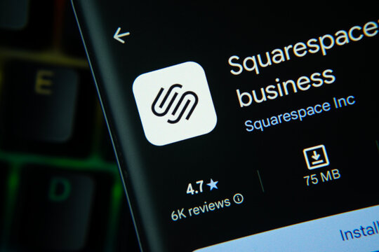 New York, United States - 24 July 2026: Squarespace app page on Google Play Store is seen on a smartphone screen.