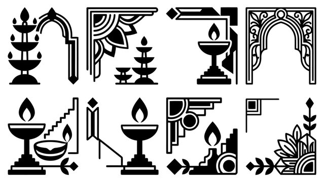 Geometric art deco corner ornaments with traditional lamps for festivals