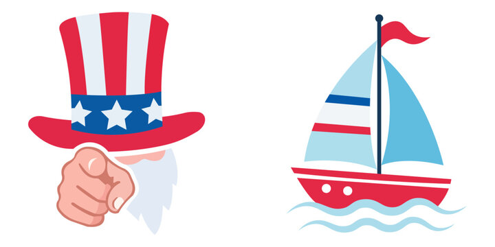 Festive american uncle sam hat and sailboat illustration on a white background representing patriotic holidays and summertime fun