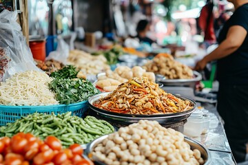 Obraz premium Fresh Vegetables, Herbs and Local Produce Displayed at Traditional Farmers Market Stall