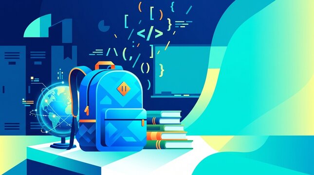 School backpack with stack of books and glowing digital coding globe representing educational technology