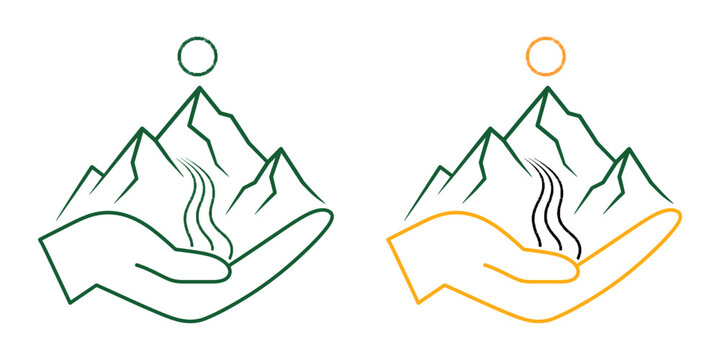 Two variations of a hand cradling mountains with rising smoke line art illustrations in green and orange tones
