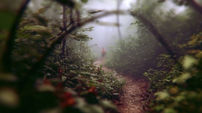 A tiny hiker walks along a forest path surrounded by thick fog and greenery. The scene captures a small scale view of nature.