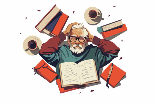 Top view of tired old man sleeping near open books wi isolated