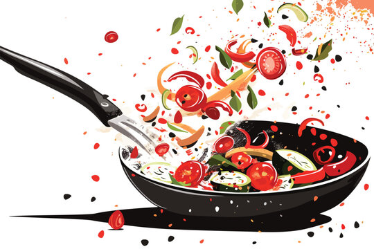 Tossing vegetables in a sizzling pan action shot isolated