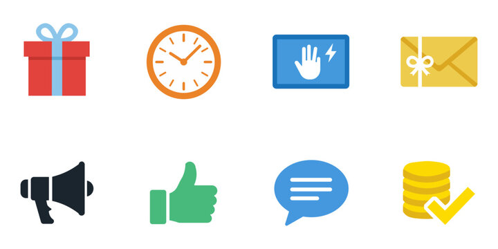 Collection of flat icons representing gifts time stop mail speaker approval chat and currency on a white background