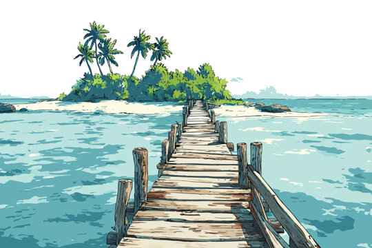 Tropical Beach with Long Dock and Crystal Clear Sea isolated