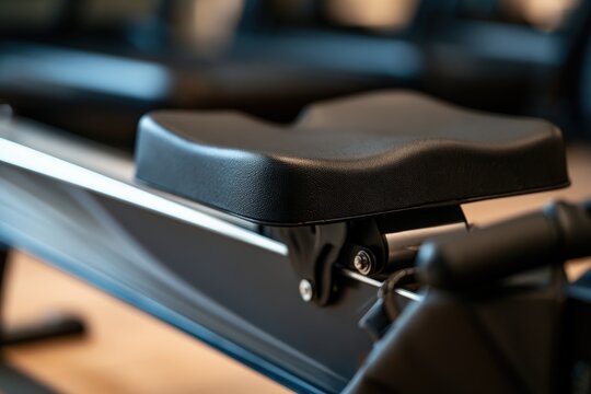Rowing machine seat sliding on brushed metal rail in fitness studio