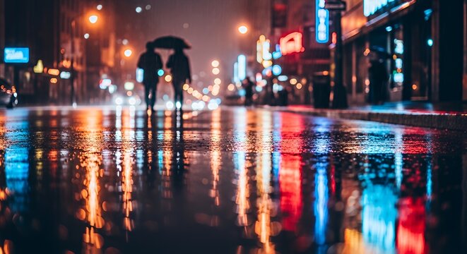 Night Rainy City Street Scene with Silhouetted Couple Under Umbrella in Vibrant Neon Lights