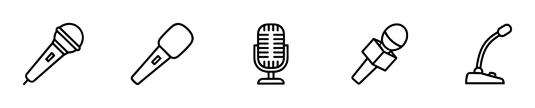 Microphone icon set in thin line style, audio and podcast equipment outline vector illustrations on transparent background