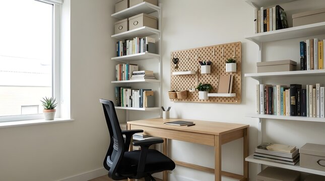 Small Space Minimalist Office with Vertical Storage Empty