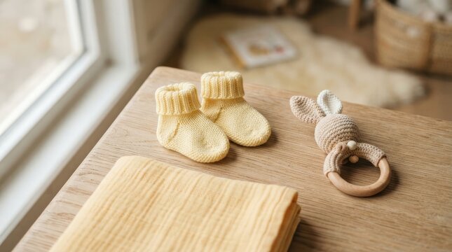 Yellow knitted baby booties and wooden crochet rattle on a wooden table
