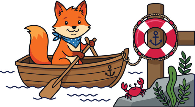 Adorable cartoon fox character rowing a wooden boat near the shore with nautical elements and crab