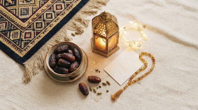 Ramadan decoration with dates, golden lantern, prayer rug, and tasbih