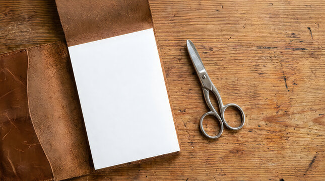 Blank paper with scissors on wooden surface