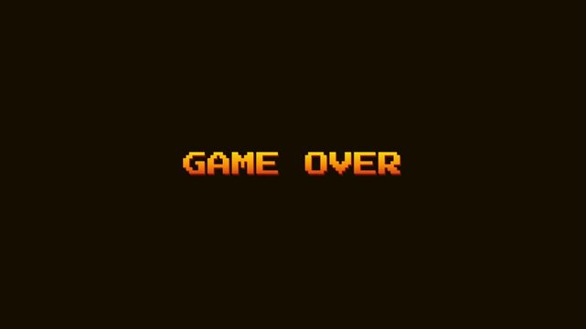 Retro Pixel Game Over Animation for Arcade Games, Pixelated arcade game over text with nostalgic VHS glitch distortion and CRT scanlines for retro gaming transitions 4k video