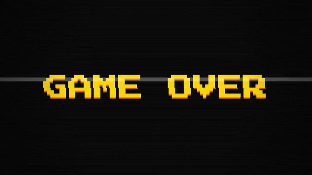 Arcade Defeat Message Animation, Nostalgic Pixel Arcade Failure Message with Analog Glitch and Vintage CRT Screen Interference Overlay 4k video