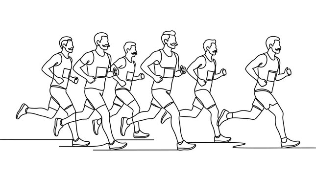 A continuous line drawing of a group of male runners participating in a marathon race.