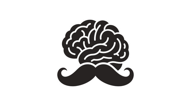 Minimalist black icon featuring a human brain with a classic handlebar mustache.