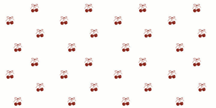 Red Cherry Bow Seamless Vector Pattern Cute Coquette Ribbon Fruit Print Vintage Cream Background Textile Wrapping Paper