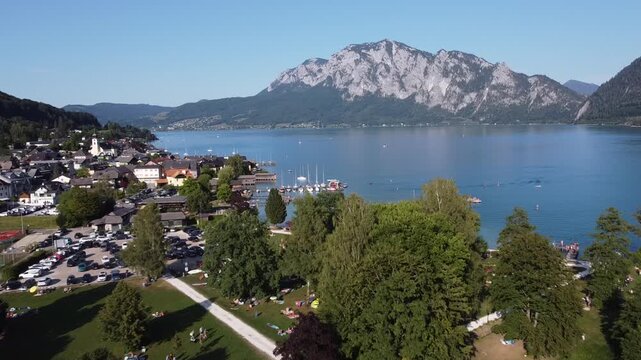 Aerial View of Unterach am Attersee in the Salzkammergut, Austrian Alps4k