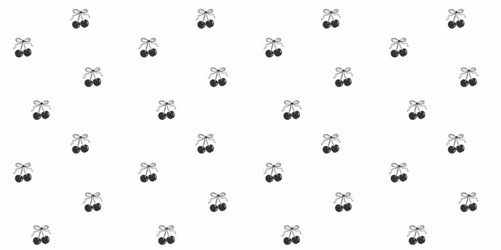 Black Cherry Bow Seamless Vector Pattern Monochrome Coquette Ribbon Fruit Minimalist Background Surface Design Print