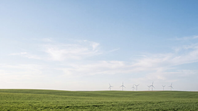 Wind farm generating clean electricity with turbines across rolling green hills under a bright sky
