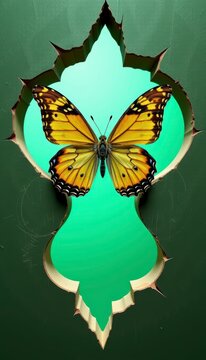 Clean symbolic butterfly emerging keyhole layout layers presenting a sharp mind breakthrough concept on premium emerald green backdrop