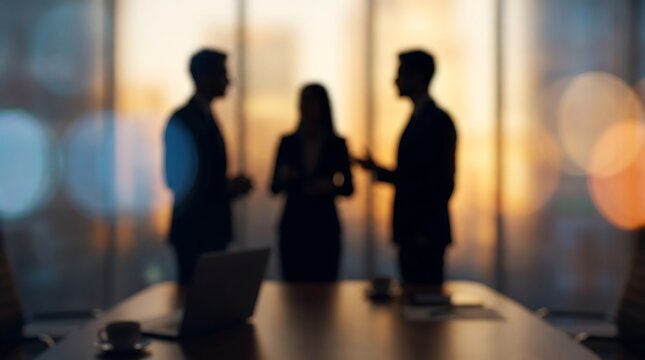 Professional business team silhouetted inside modern conference room with bokeh lighting effect during sunset for corporate meeting environment and workspace collaboration concept