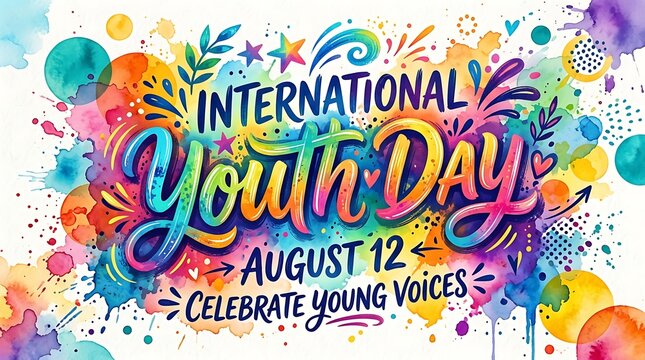 International Youth Day watercolor lettering with colorful splashes and paint splatters