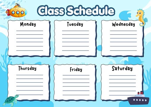 Cute weekly class schedule template designed for children. This printable school planner features a colorful cartoon style with space to organize classes and daily activities from Monday to Saturday. 