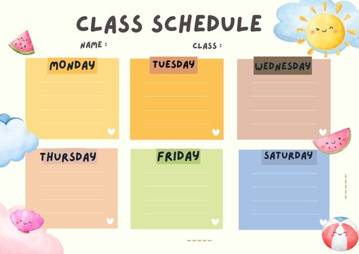 Cute weekly class schedule template designed for children. This printable school planner features a colorful cartoon style with space to organize classes and daily activities from Monday to Saturday. 