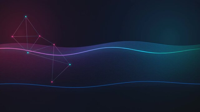 High-quality 4K abstract digital background featuring a glowing pink and blue plexus network configuration with flowing wave lines on a dark backdrop. Ideal for science presentations, cryptocurrency g