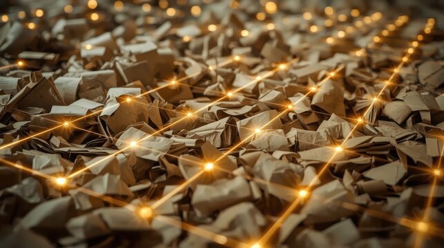 Close-up of an AI vision system with glowing laser grids scanning a stream of mixed paper and cardboard waste for purity. Generative AI