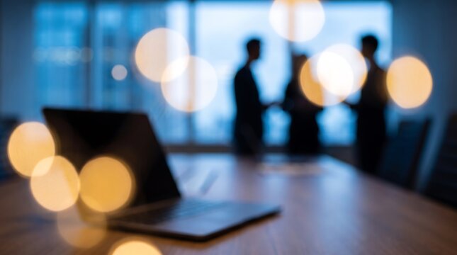 Closed laptop computer resting on wooden desk with silhouettes of business professionals having a meeting in blurred office interior during soft golden hour light