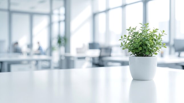Small green plant in white ceramic pot placed on clean white desk in modern bright open plan corporate office space with blurred background of coworkers working during business hours