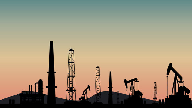 Oil plant sunset silhouette with oil rigs and pumpjacks creating dramatic skyline at dusk
