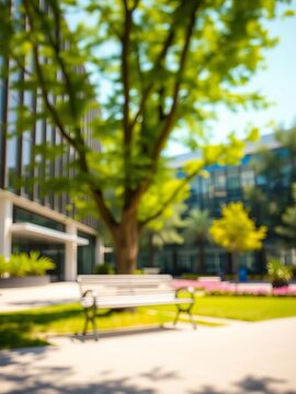 Blurred abstract background of bench under tree in green at modern eco office building in sunny day, ||green, bench